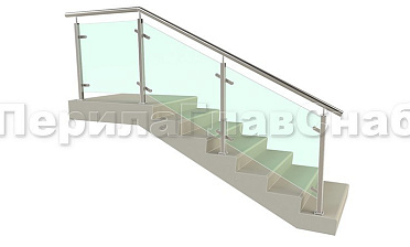 Ограждение лестницы с квадратными стойками и пластинчатыми стеклодержателями купить в Москве
