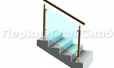 Ограждение с круглым деревянным поручнем с зажимными стеклодержателями и стойками с деревянными вставками купить в Москве